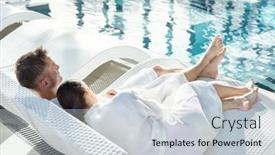  Presentation with swimming pool - Cool new PPT theme with tired-young-brunette-woman backdrop and a lemonade colored foreground