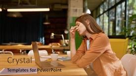  Presentation with coworking - PPT theme featuring tired-young-business-woman-working background and a gold colored foreground