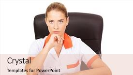  Presentation with tired - Presentation having tired young female doctoror nurse background and a lemonade colored foreground