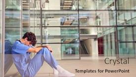  Presentation with modern building - Slide deck with tired-young-male-doctor-wearing background and a soft green colored foreground