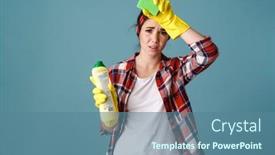  Presentation with product - Audience pleasing PPT layouts consisting of tired-young-woman-in-gloves backdrop and a ocean colored foreground