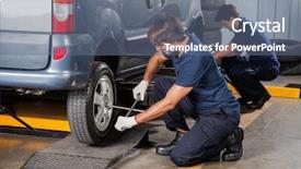  Presentation with repair shop - Cool new PPT theme with tires at auto repair shop backdrop and a ocean colored foreground