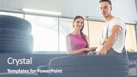  Presentation with female mechanic - Presentation theme with tires in a contemporary automobile background and a ocean colored foreground