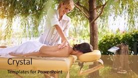  Presentation with massage therapist - PPT theme consisting of tissue regeneration - smiling massage therapist doing background and a  colored foreground