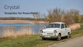  Presentation with cheap car - Amazing PPT theme having tiszafured-hungary-circa-2021-trabant backdrop and a light blue colored foreground
