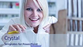  Presentation with laboratory - Cool new PPT theme with titration - closeup of a female researcher backdrop and a light blue colored foreground