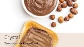  Presentation with spread - Amazing PPT theme having toast-bread-with-hazelnut-spread backdrop and a coral colored foreground
