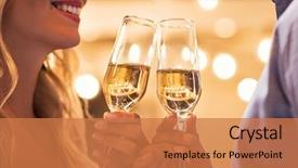  Presentation with outdoor party - Beautiful presentation theme featuring toasting glasses of white wine backdrop and a coral colored foreground