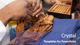  Presentation with cigar - Presentation having tobacco leaf - cigar making - hands closeup background and a ocean colored foreground