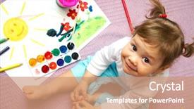  Presentation with painting - PPT theme with toddler - little cute girl painting sun background and a coral colored foreground