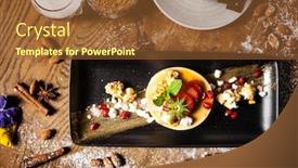  Presentation with modern food - Presentation consisting of toffee-panna-cotta-with-strawberries background and a tawny brown colored foreground