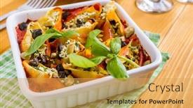  Presentation with shells - Cool new presentation with tofu and spinach stuffed shells baked with tomato pasta sauce backdrop and a yellow colored foreground