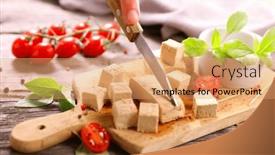  Presentation with cube - Theme featuring tofu-cube-cutting-on-wooden background and a coral colored foreground