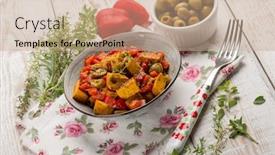  Presentation with capsicum - Theme enhanced with tofu with tomatoes capsicum and green olives background and a coral colored foreground