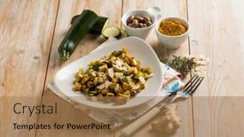  Presentation with turmeric - Amazing presentation theme having tofu-with-zucchini-sliced-almonds backdrop and a coral colored foreground