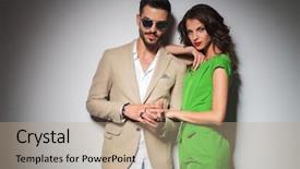  Presentation with gold man smile - PPT layouts having together and woman stands beside background and a coral colored foreground