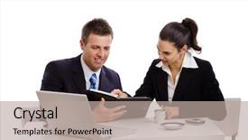  Presentation with working together - Colorful theme enhanced with portrait two businessmen drinking - business people working together backdrop and a mint green colored foreground