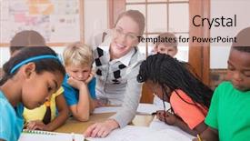  Presentation with working together - Colorful presentation enhanced with together at the elementary school backdrop and a coral colored foreground