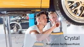  Presentation with repair shop - Colorful PPT theme enhanced with together in a modern automobile backdrop and a light blue colored foreground