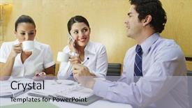  Presentation with five business people standing together and smiling - PPT theme featuring together in a tea break background and a  colored foreground