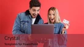  Presentation with portrait of excited overjoyed female - Presentation consisting of together isolated over red background background and a  colored foreground