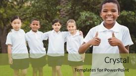  Presentation with group - Cool new PPT theme with together on the school ground backdrop and a  colored foreground