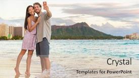  Presentation with holiday destination - PPT theme featuring together on waikiki beach honolulu background and a soft green colored foreground