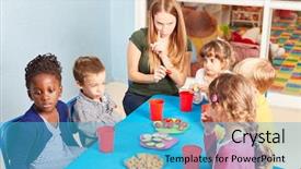  Presentation with healthy snack - Amazing presentation having together with children in kindergarten backdrop and a teal colored foreground