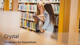  Presentation with working together - Presentation design having together with tablet in library background and a coral colored foreground