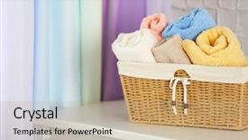  Presentation with tablets wood table tablet white - Beautiful slides featuring toiletries - rolled towels in flasket backdrop and a coral colored foreground