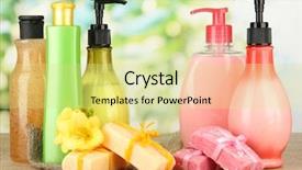  Presentation with liquid - Colorful presentation design enhanced with toiletry - liquid and hand-made soaps backdrop and a blonde colored foreground