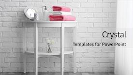  Presentation with paint white brick wall - PPT layouts enhanced with toiletry - table with clean towels background and a light gray colored foreground