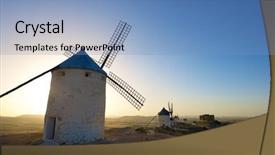  Presentation with seafood paella from spain recipe - Colorful PPT layouts enhanced with quixote - windmills in consuegra toledo province backdrop and a teal colored foreground