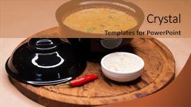  Presentation with thai food - Amazing PPT theme having tom yam kung thai food backdrop and a coral colored foreground