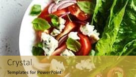  Presentation with blue cheese - PPT theme enhanced with tomato-and-lettuce-salad background and a gold colored foreground