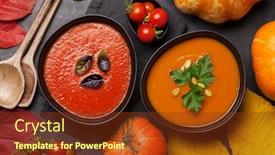  Presentation with leaves flat lay - Presentation design featuring tomato and pumpkin vegetable soup and autumn leaves on stone table top view flat lay background and a tawny brown colored foreground