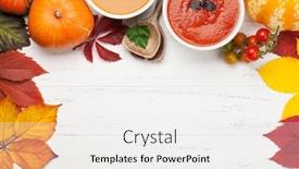  Presentation with leaves flat lay - Presentation consisting of tomato-and-pumpkin-vegetable-soup background and a white colored foreground