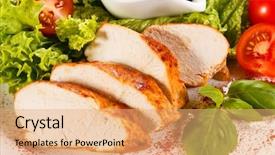  Presentation with chicken poultry farm white layer - Audience pleasing PPT theme consisting of tomato jam - roast chicken fillet and vegetables backdrop and a coral colored foreground