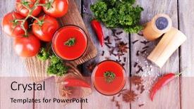  Presentation with tomato juice - Colorful slide set enhanced with tomato juice in glasses and fresh vegetables on cutting board on wooden background backdrop and a red colored foreground