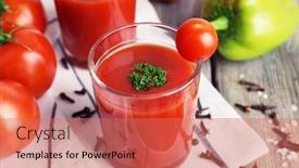  Presentation with tomato juice - Colorful theme enhanced with tomato juice in glasses and fresh vegetables on napkin on wooden background backdrop and a coral colored foreground