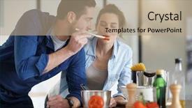  Presentation with cooking - Colorful presentation design enhanced with tomato sauce - couple at home having fun backdrop and a coral colored foreground