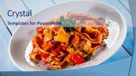  Presentation with classic homemade tomato sauce - Amazing PPT theme having tomato sauce and vegtable backdrop and a sky blue colored foreground