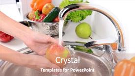  Presentation with fruits and vegetables - Presentation theme enhanced with tomato splash water - washing fruits and vegetables close-up background and a coral colored foreground