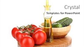  Presentation with cucumbers - Colorful PPT theme enhanced with tomatoes and cucumbers with oil on wooden board isolated on white backdrop and a white colored foreground