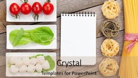  Presentation with notepad - Audience pleasing slide deck consisting of tomatoes mozzarella pasta and green salad leaves on wooden table background with notepad for copy space backdrop and a coral colored foreground