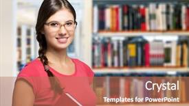  Presentation with library - Slides enhanced with tome - portrait of a smiling student background and a coral colored foreground