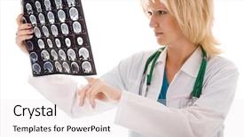  Presentation with female - Amazing presentation theme having tomograf - female doctor looking tomogram backdrop and a  colored foreground