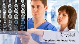  Presentation with female - Slide deck consisting of tomograf - male and female doctors looking background and a light blue colored foreground