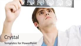  Presentation with ethical doctor - Slides with tomograf - male doctor looking tomogram isolated background and a  colored foreground