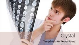  Presentation with hologram mesh human male - Slide set having tomograf - male doctor looking tomogram isolated background and a  colored foreground